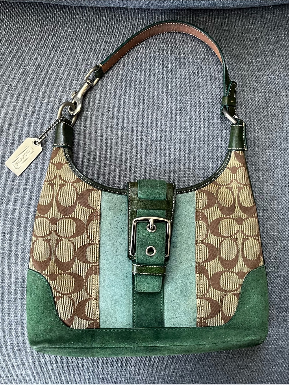 Coach Green Signature Canvas & Suede Shoulder Hobo